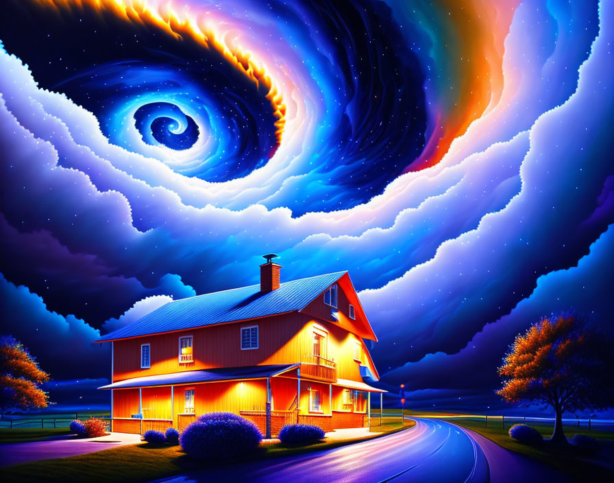 Colorful two-story orange house under swirling galaxy - serene tree-lined road