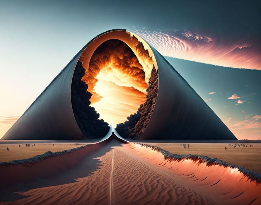 Surreal desert scene with giant Möbius strip in sky