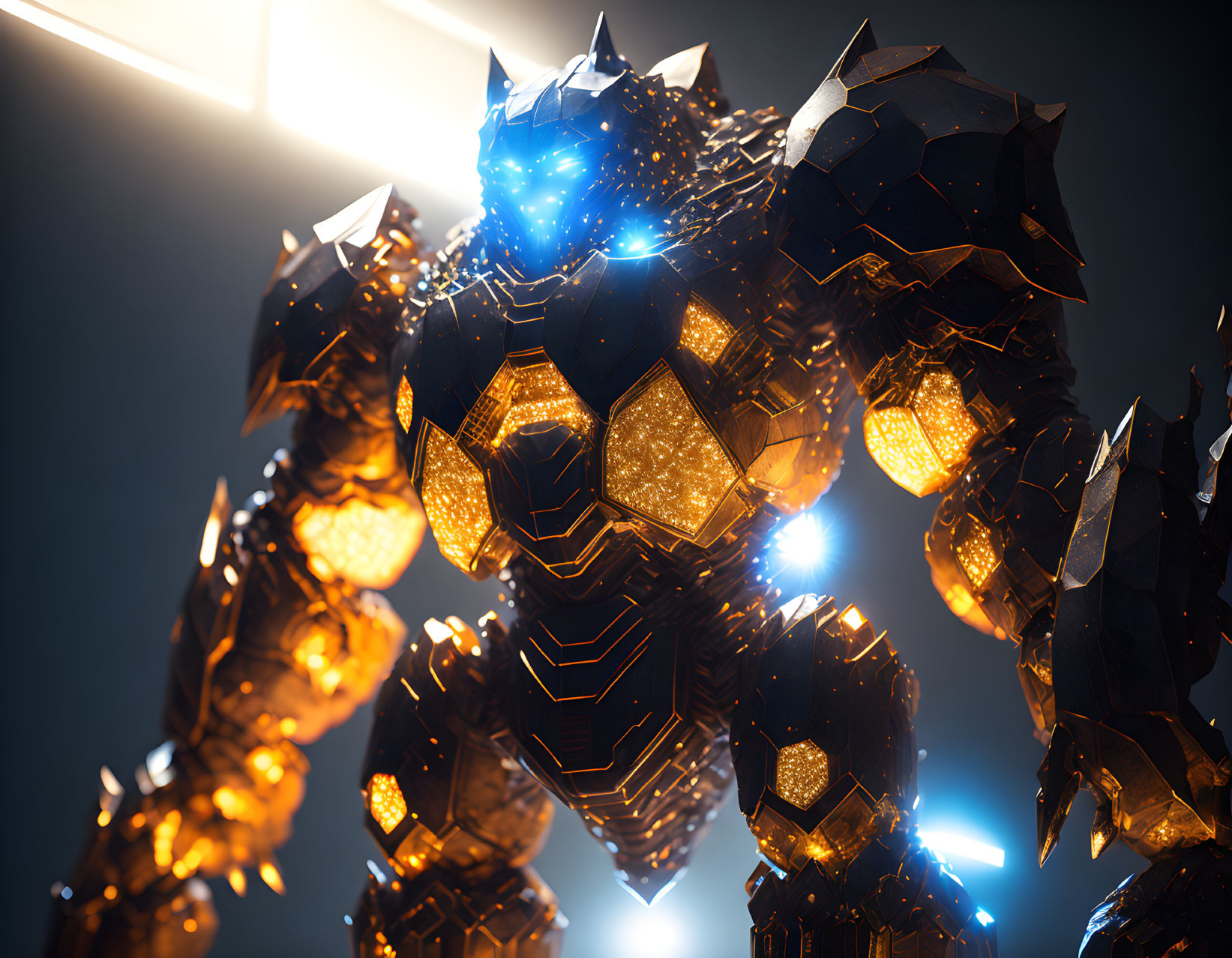 Intricate Golden Armored Robot with Glowing Blue Eyes