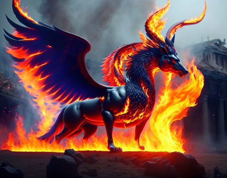 Majestic fiery-winged lion creature before ancient ruins