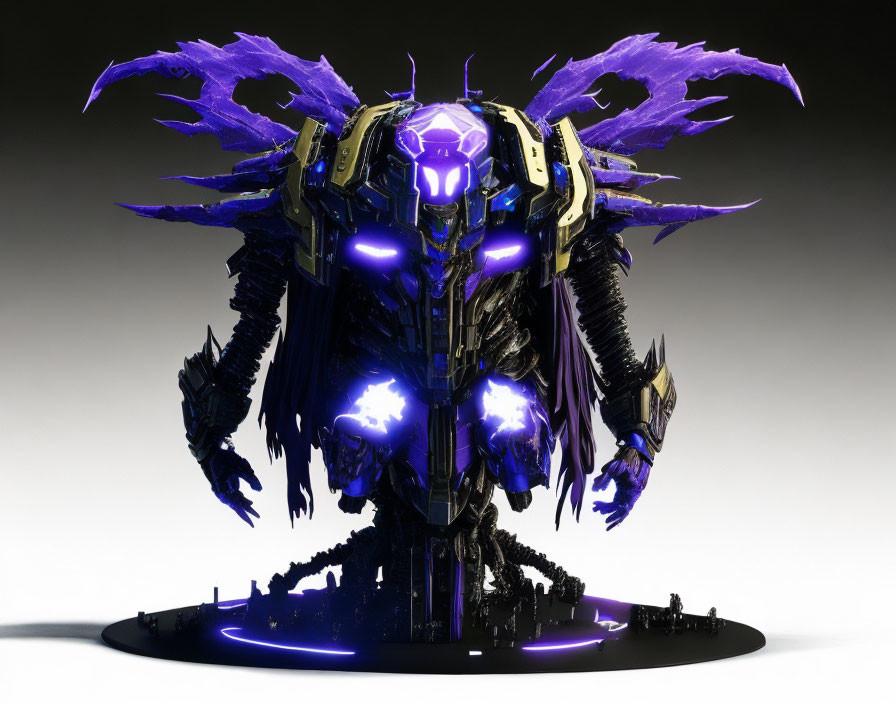 Futuristic robotic figure in purple and black armor with glowing blue lights and blade-like wings on circular