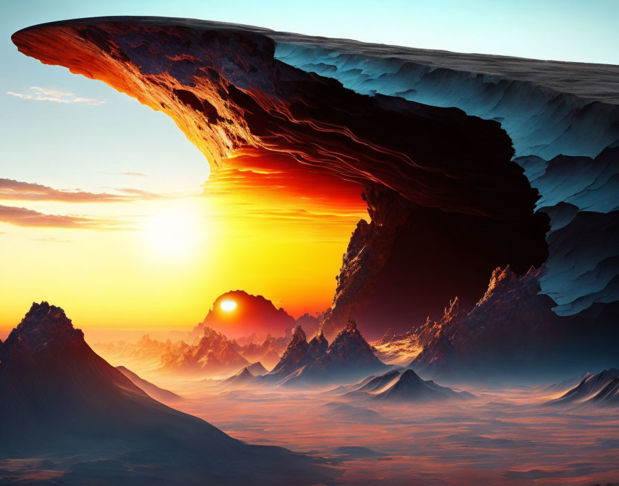 Majestic rock formations in a surreal sunrise landscape