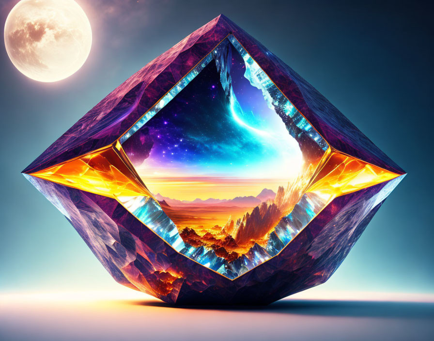 Geometric crystal in surreal landscape with mountains, sunset skies, and large moon