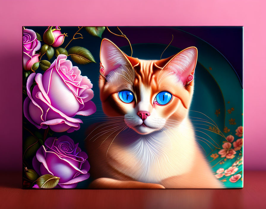 Colorful illustration of orange cat with blue eyes on dark background with pink roses.