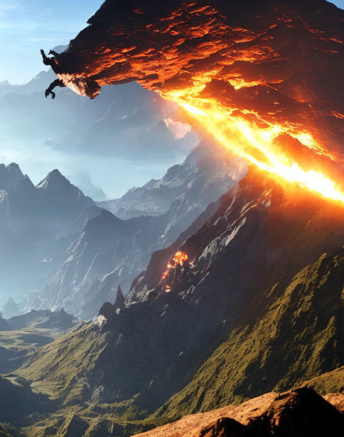 Wingsuit flyer glides under rocky overhang with lava and mountains