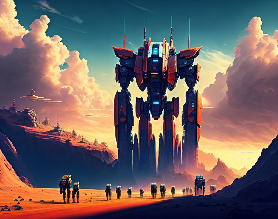 Giant robot in desert landscape with approaching figures