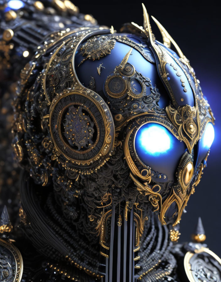 Steampunk-Inspired Helmet with Gold Detailing and Glowing Blue Eyes