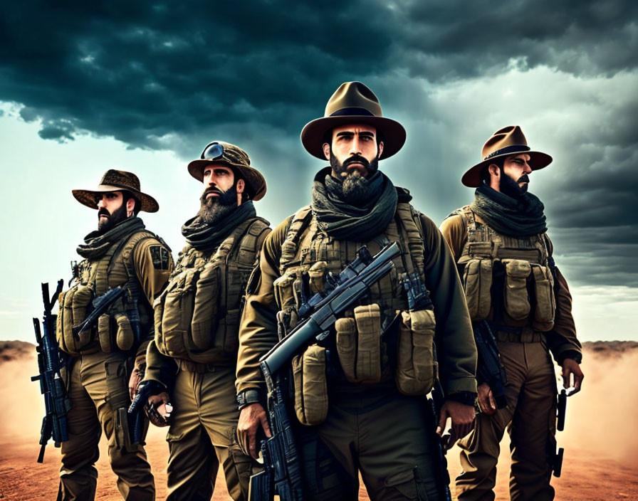 Four bearded soldiers in desert gear and slouch hats under dramatic cloudy sky with rifles and tactical vests