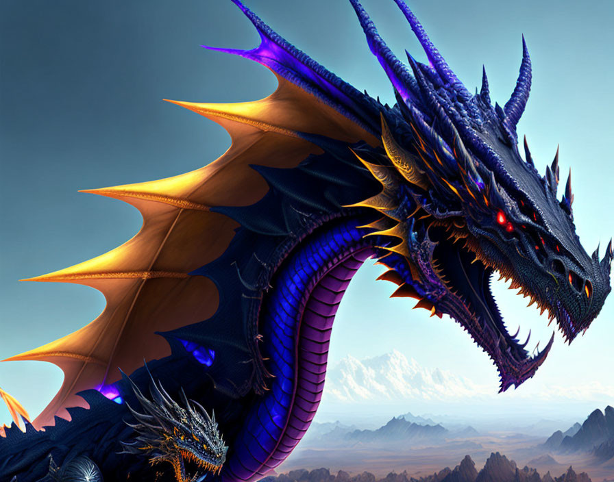 Detailed Illustration: Blue Dragon with Orange Wings in Mountain Landscape