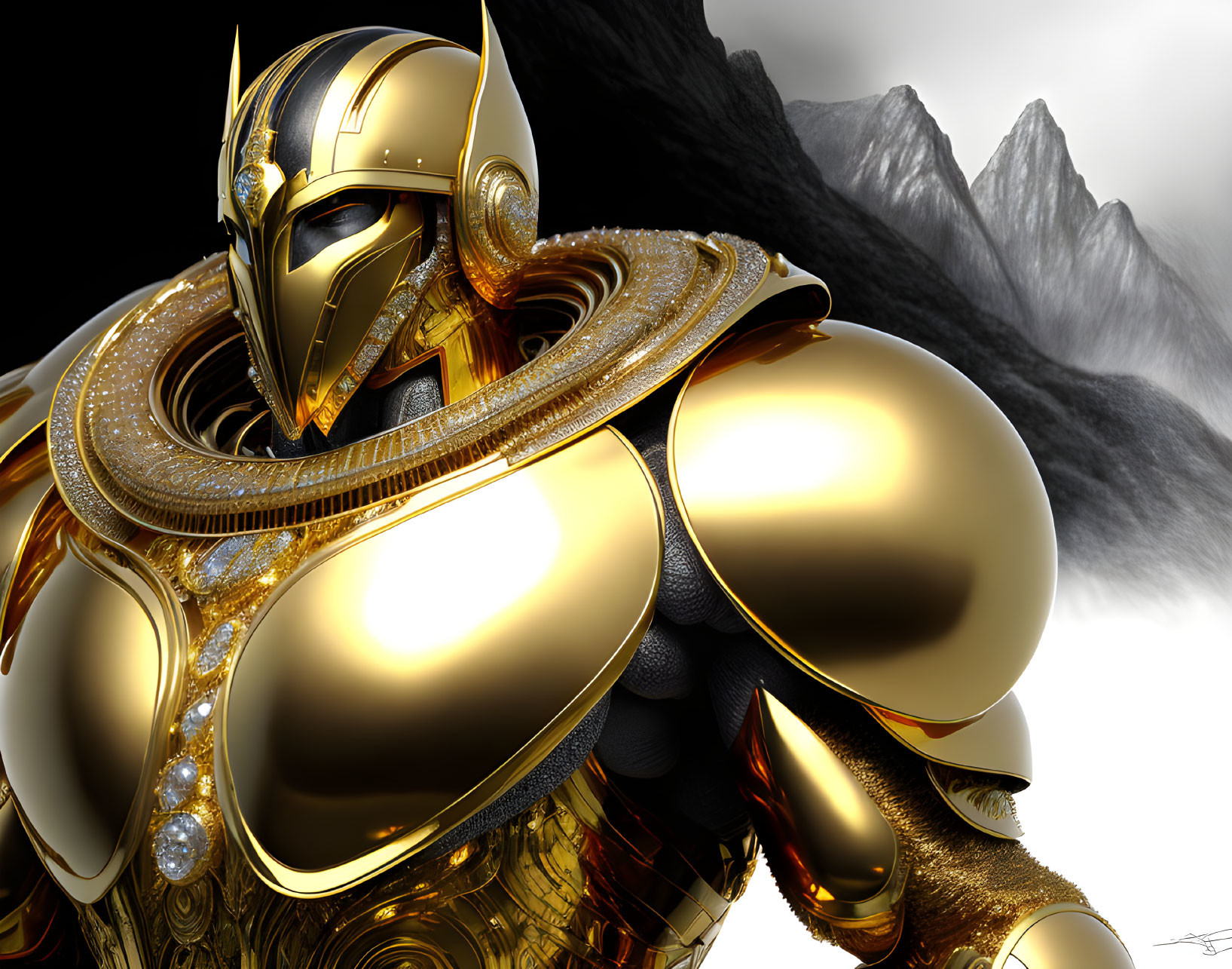 Armored Figure with Golden Embellishments in Mountainous Landscape