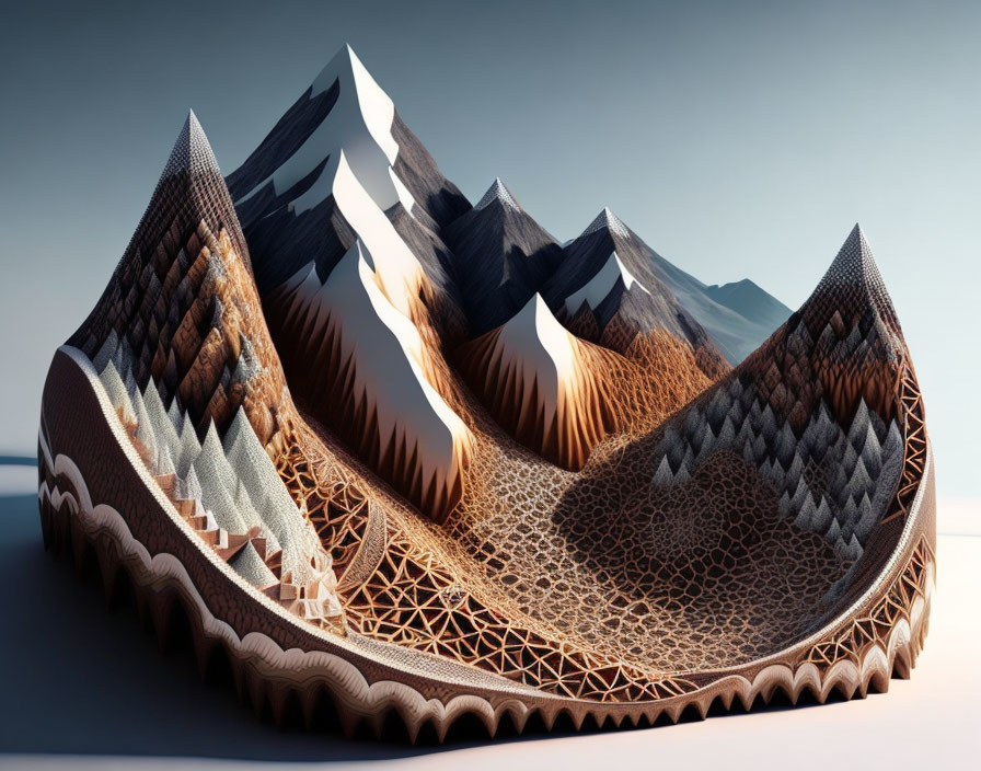 Surreal landscape with mountains and valleys in curled book-like form