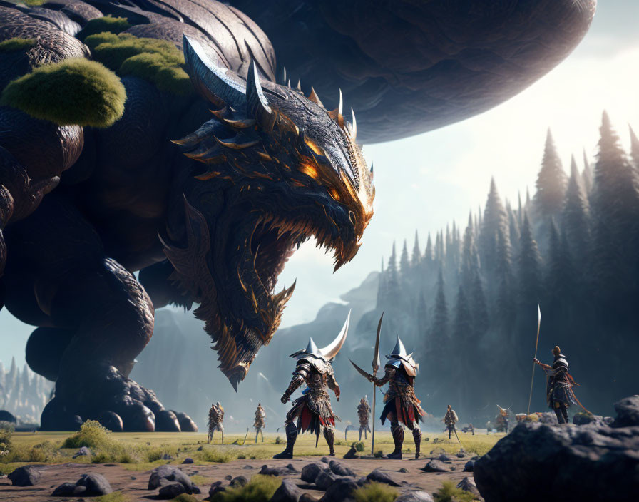 Enormous dragon faces armed warriors in sunlit forest scene