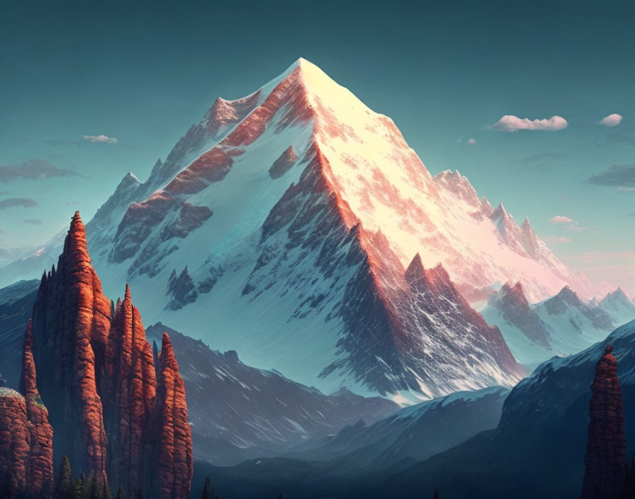 Snow-Capped Mountain with Red Rock Spires in Pastel Sky