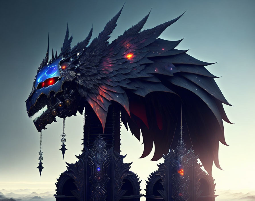 Mechanical dragon head with glowing blue and red accents on gothic structure