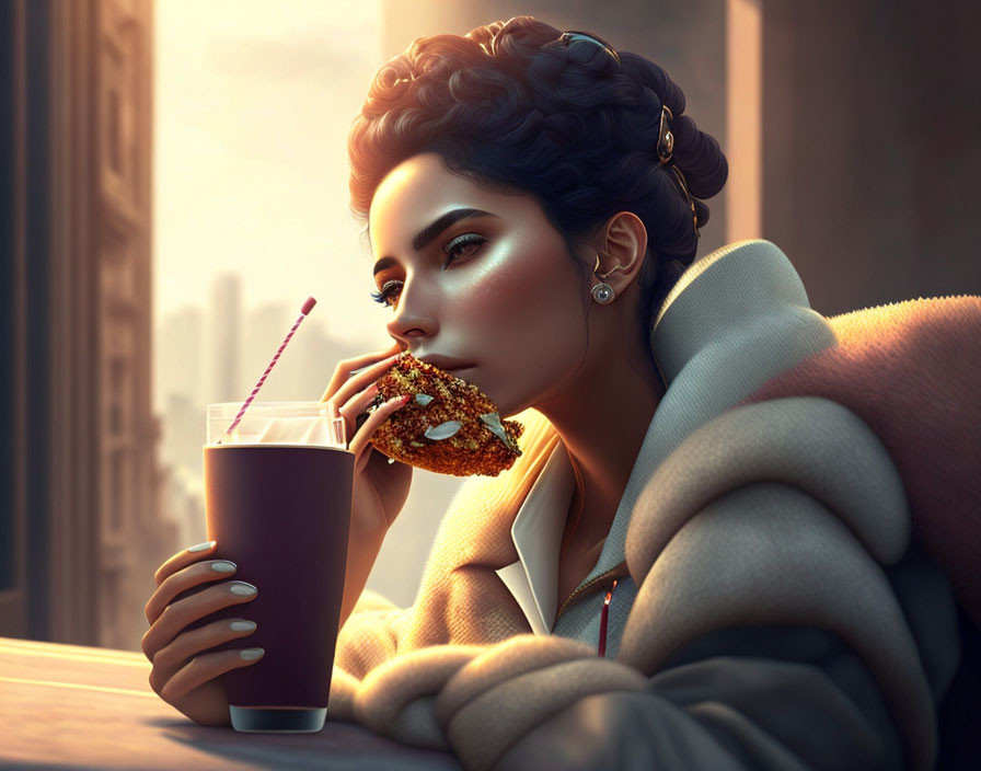 Illustrated woman with elegant hairstyle eating sandwich and drink on balcony with sunset cityscape.