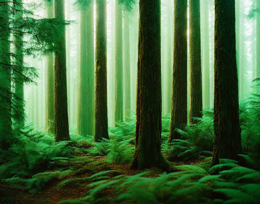 Lush Green Forest with Thick Trees and Ferns