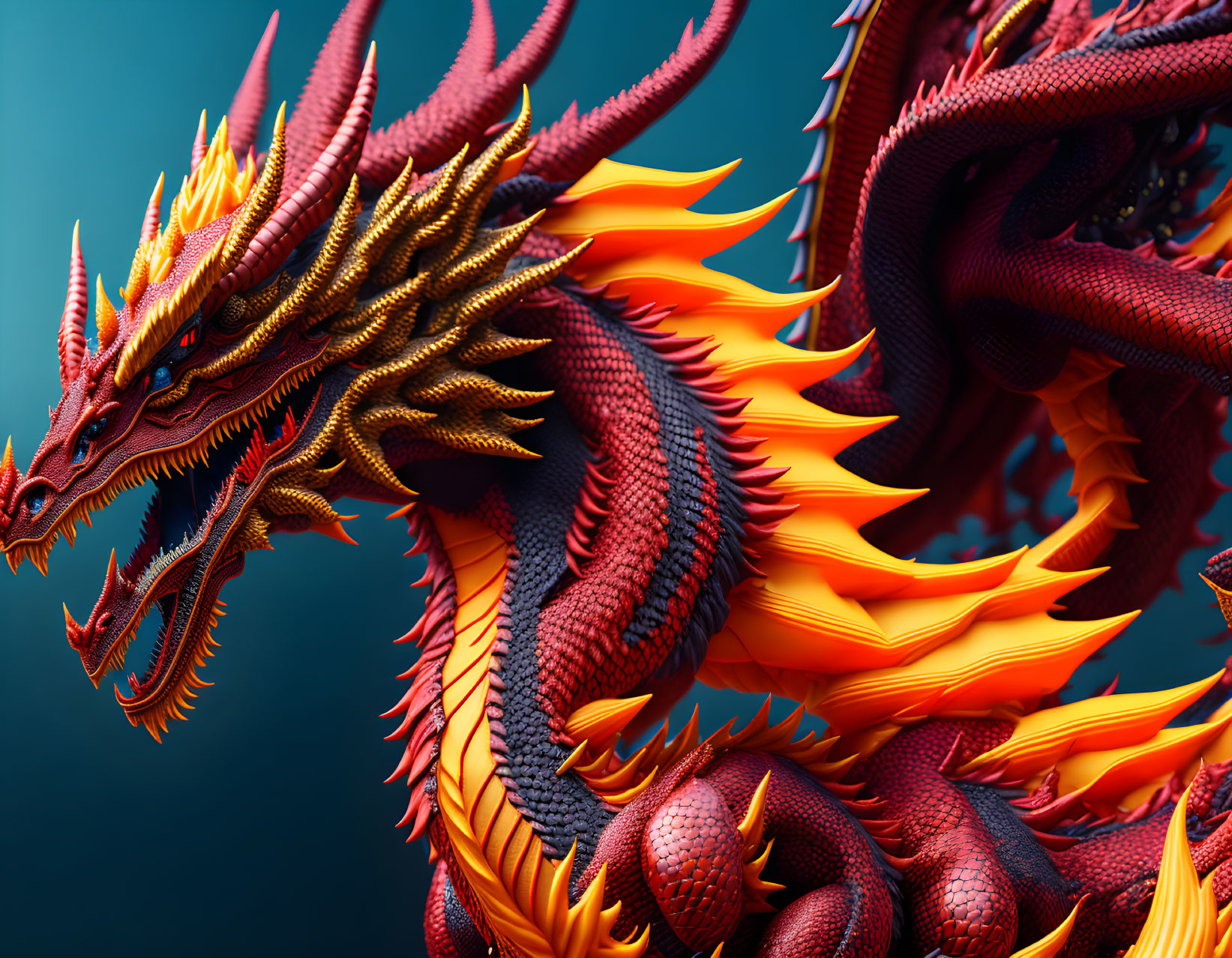 Detailed 3D illustration of red and yellow dragon on teal background