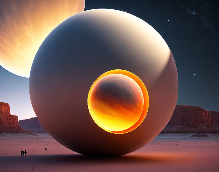 Mysterious spherical object with illuminated core in desert under starry sky