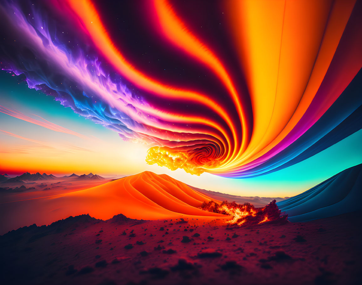 Vivid surreal landscape with colorful skies and neon aurora light phenomenon