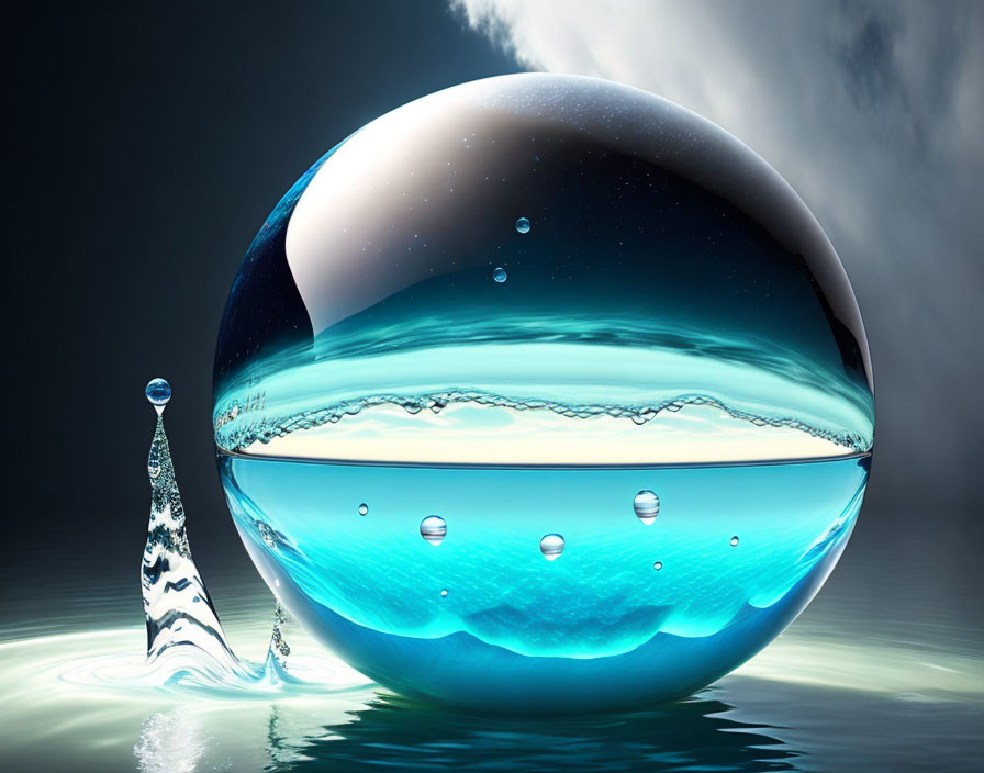 Surreal artwork: Large water droplet with landscape inside, smaller droplet rising.