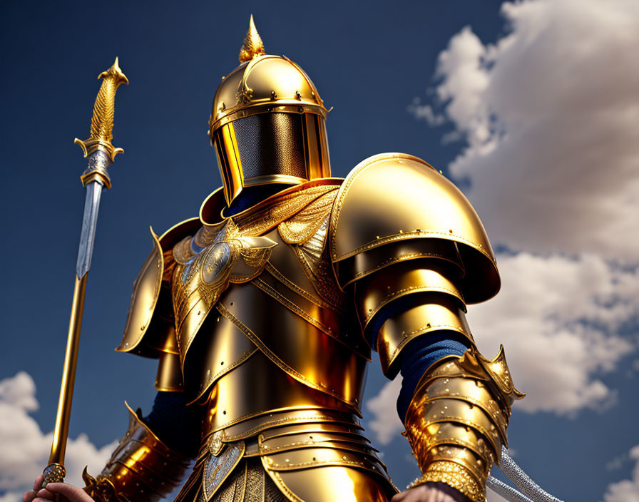 Knight in Gold Armor with Sword Against Cloudy Sky