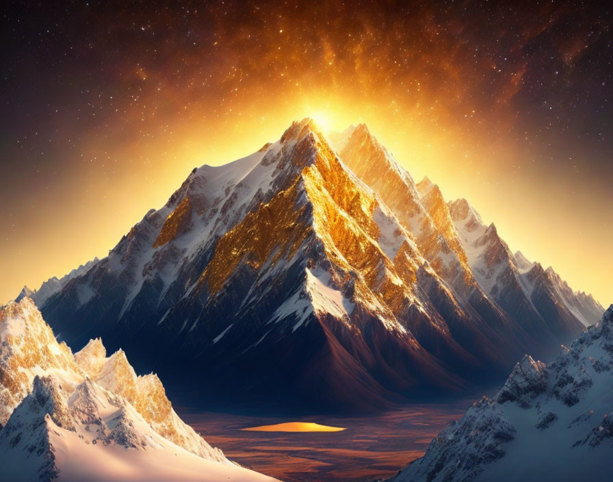 Majestic mountain peak at sunrise with glacial lake & stars