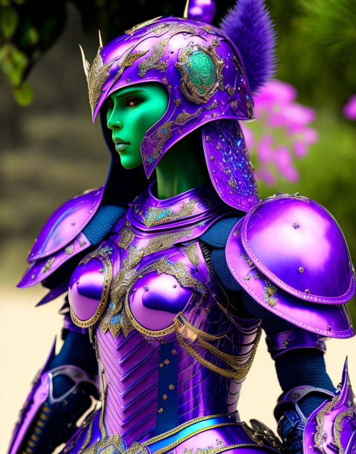 Digital artwork: Character in ornate purple & green armor with crest helmet & fantasy aesthetic