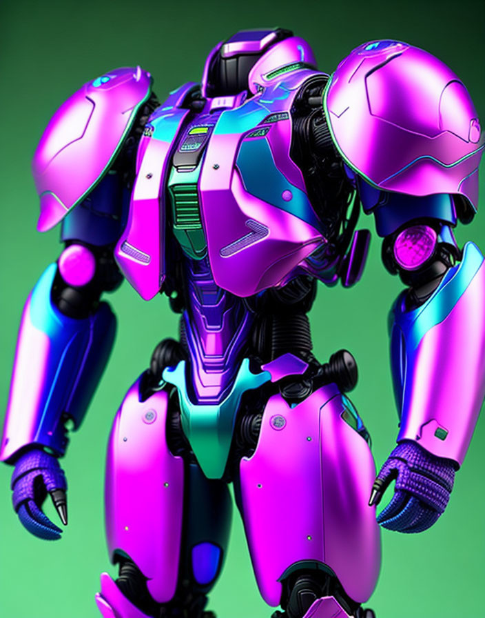 Colorful Robot Illustration with Magenta and Blue Armor on Green Background