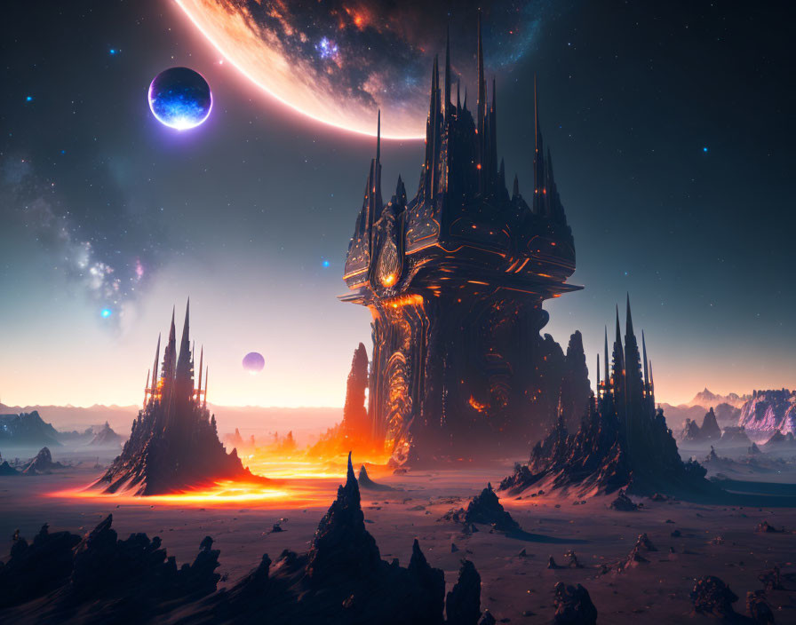 Futuristic alien landscape with towering spires and celestial glow