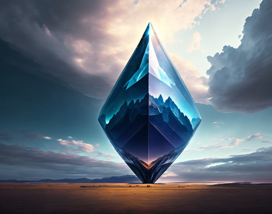 Giant Crystal Prism Revealing Mountain Landscape in Desert Twilight