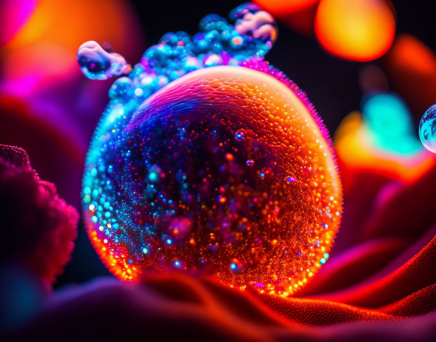 Glittering dew-covered orb with blue and red bokeh on red fabric surface