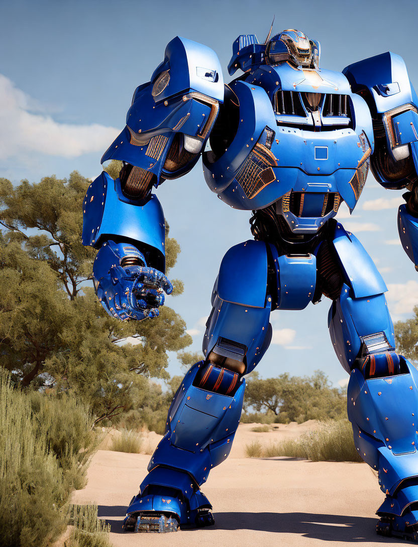 Gigantic blue robot with detailed armor in natural setting