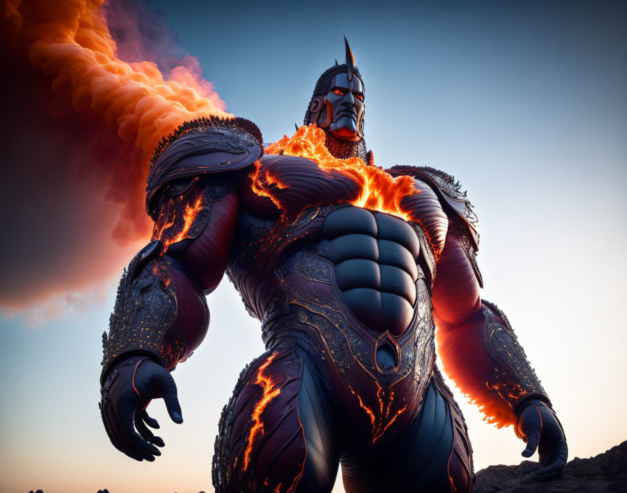 Stylized character in dark armor with lava patterns under dusky sky