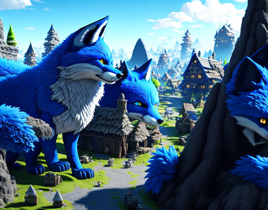 Vibrant fantasy village with two large blue wolves in 3D illustration