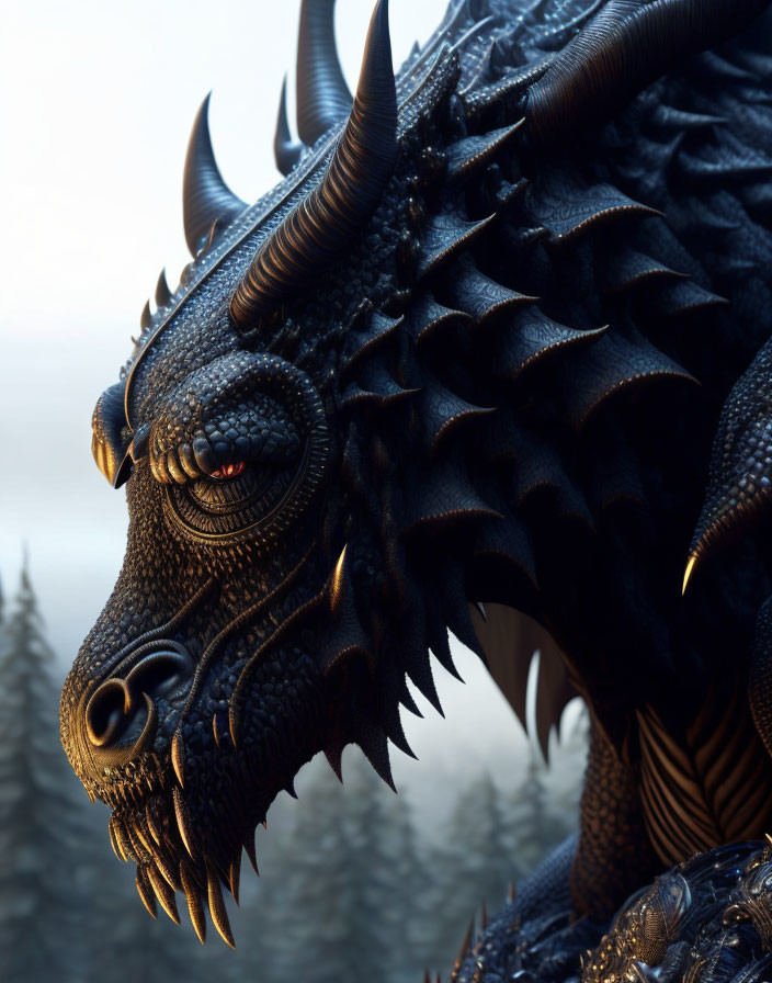 Detailed 3D Black Dragon Head with Sharp Horns and Scales in Forest Scene