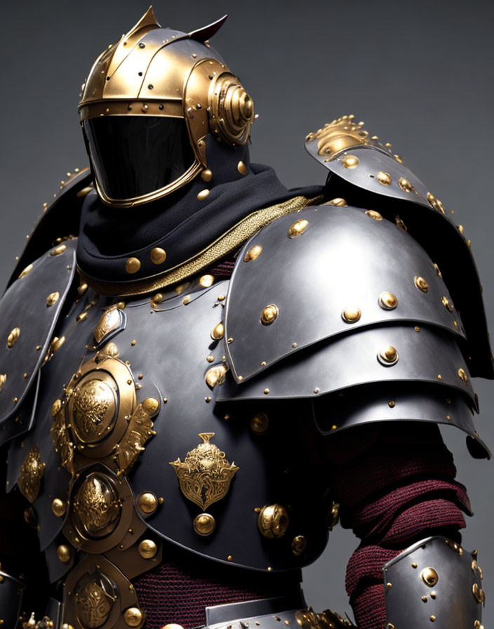 Knight in Black Armor with Gold Accents and Ornate Helmet