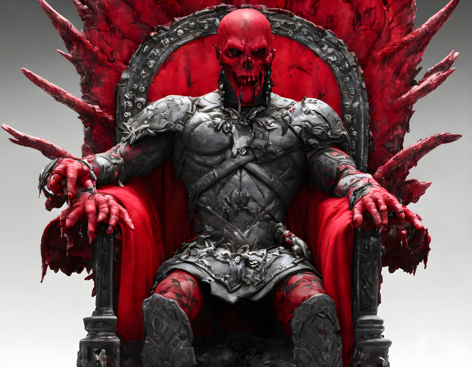 Sinister red-skinned figure on ornate throne radiating power