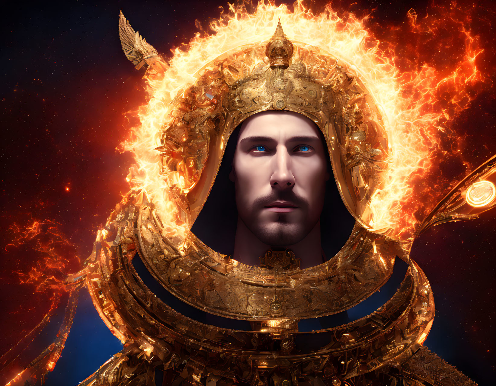 Digital artwork of person in golden armor with blue eyes engulfed in flames against cosmic background