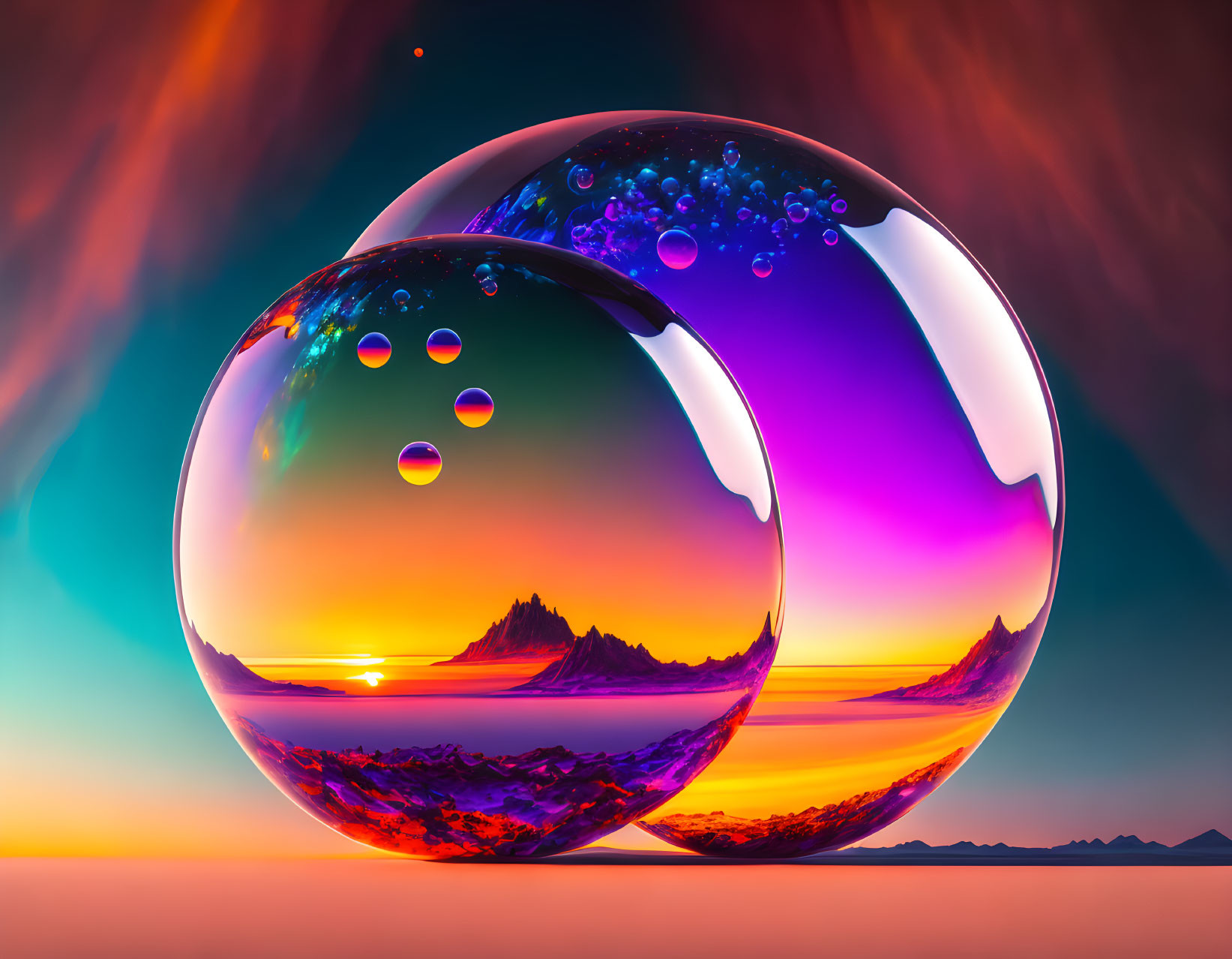 Transparent Spheres Reflecting Vibrant Sunset and Mountain Landscape