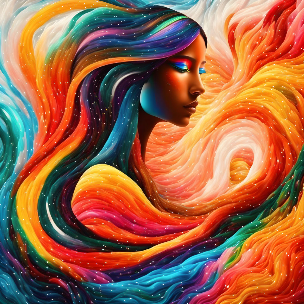 Colorful digital portrait of a woman with flowing, multi-colored hair and vibrant textures.