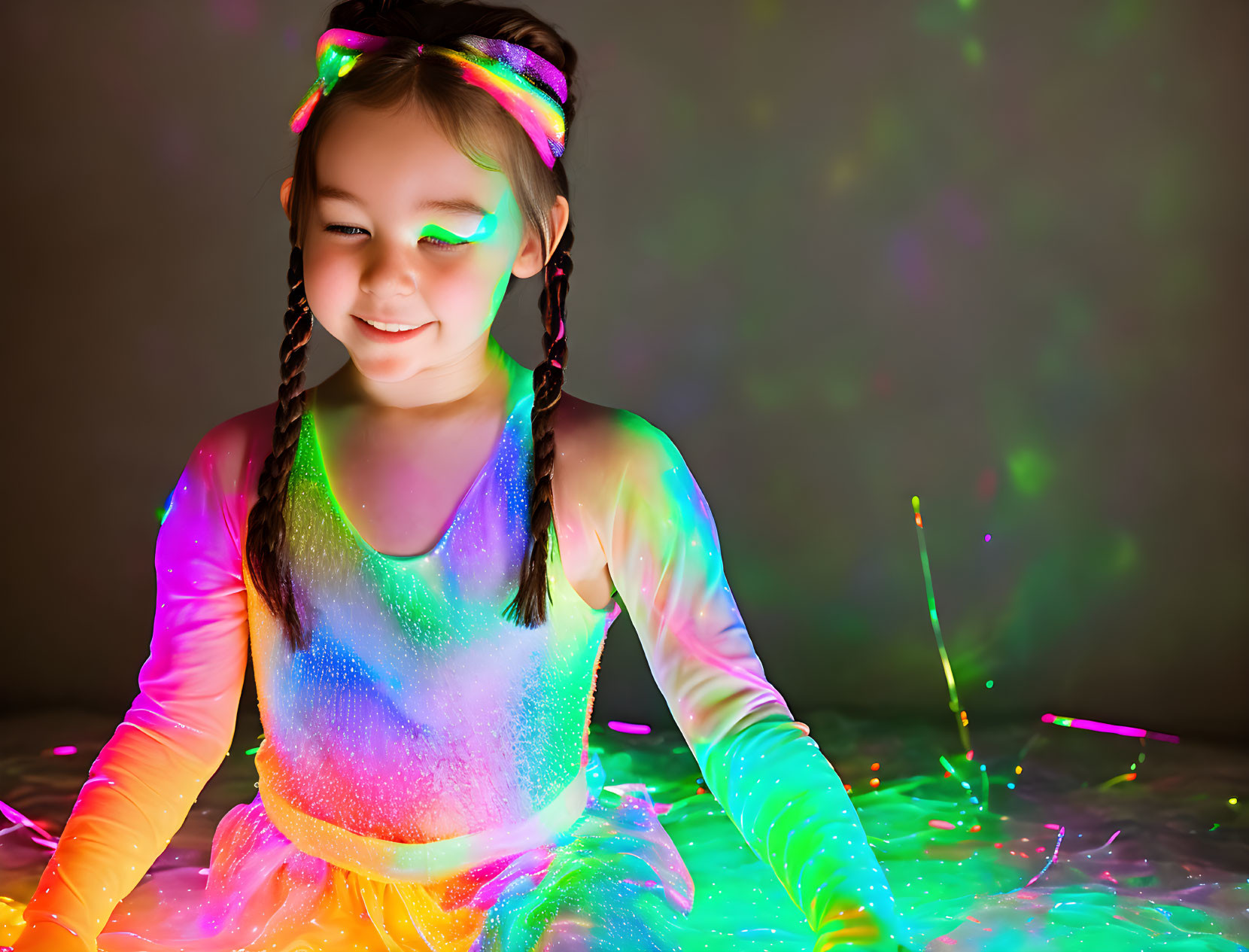 Colorful face paint child playing with light sticks in dimly lit room