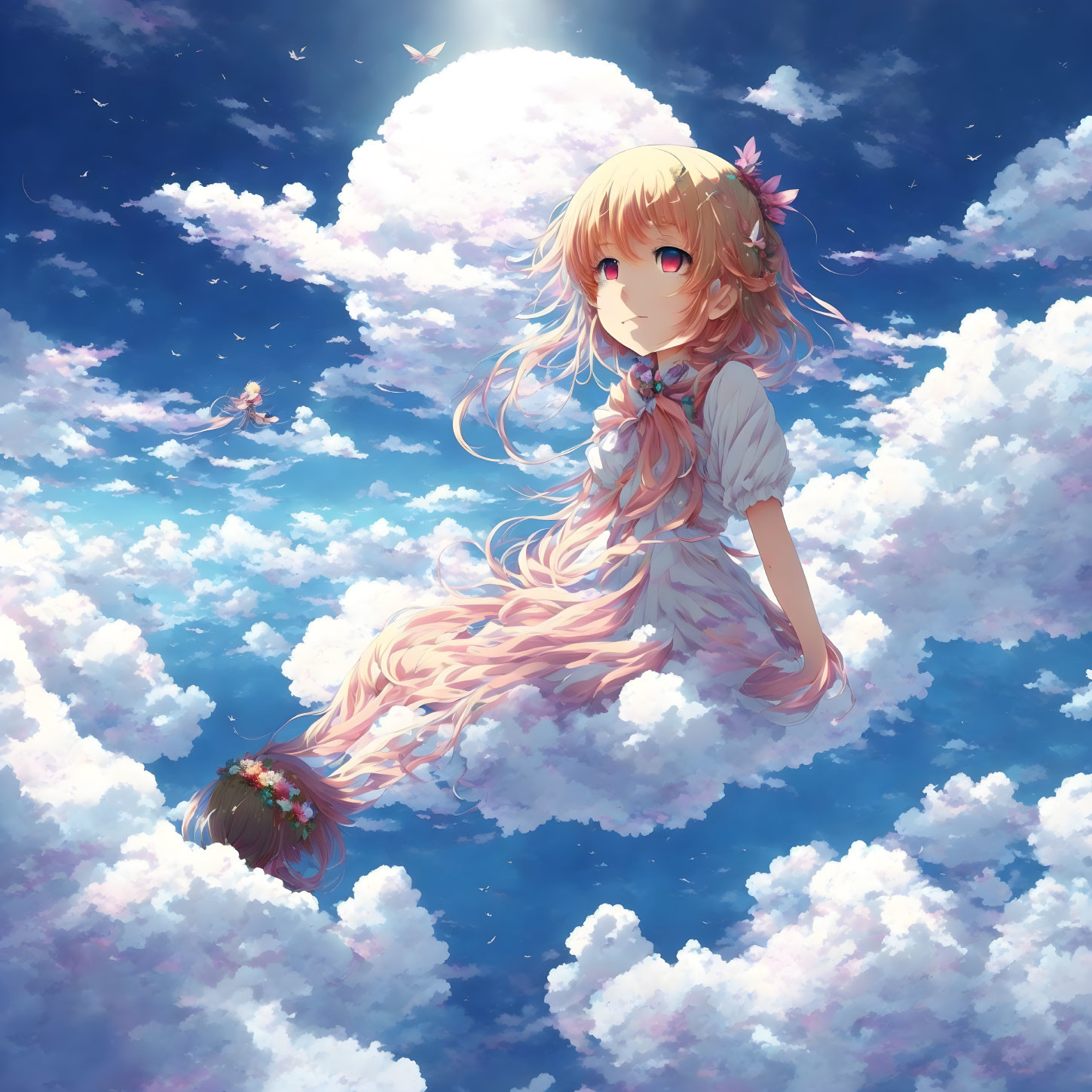 Pink-haired anime girl in white dress floating among clouds