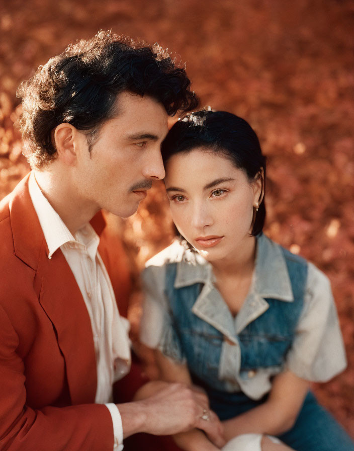 Man and woman sitting closely in autumnal setting.