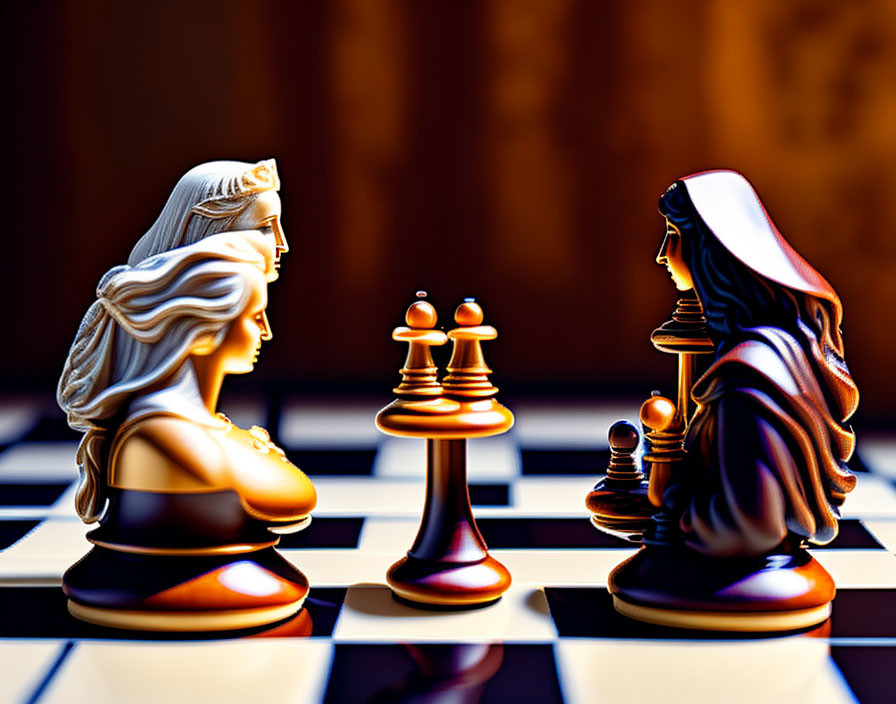 Ornate chess queens on glossy chessboard with dark and light squares