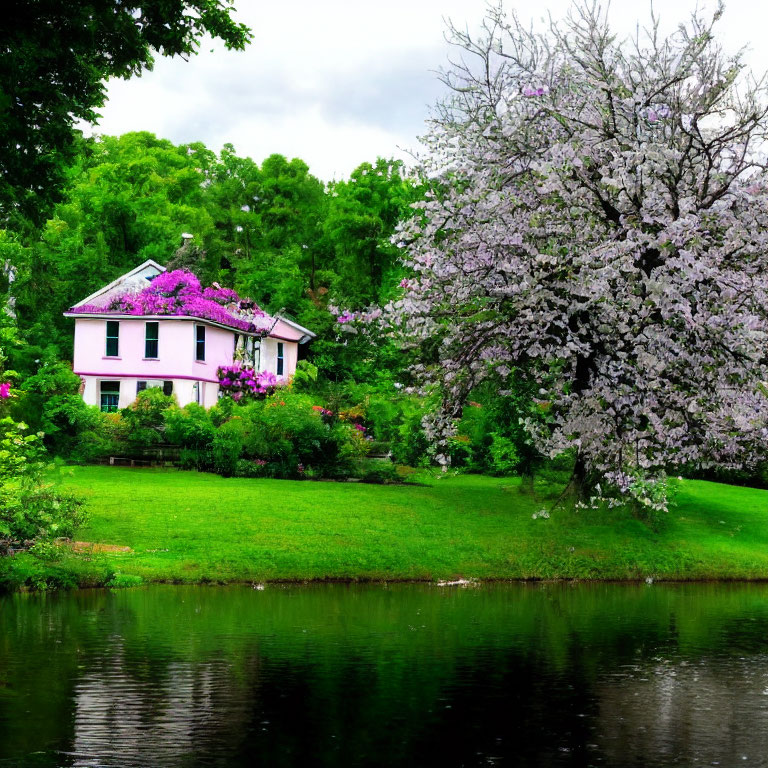 Pink house surrounded by greenery, flowers, and river