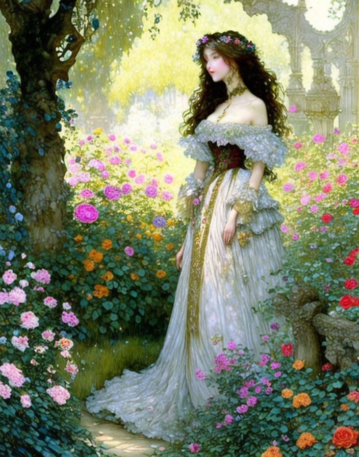 Ethereal woman in ornate dress surrounded by vibrant garden