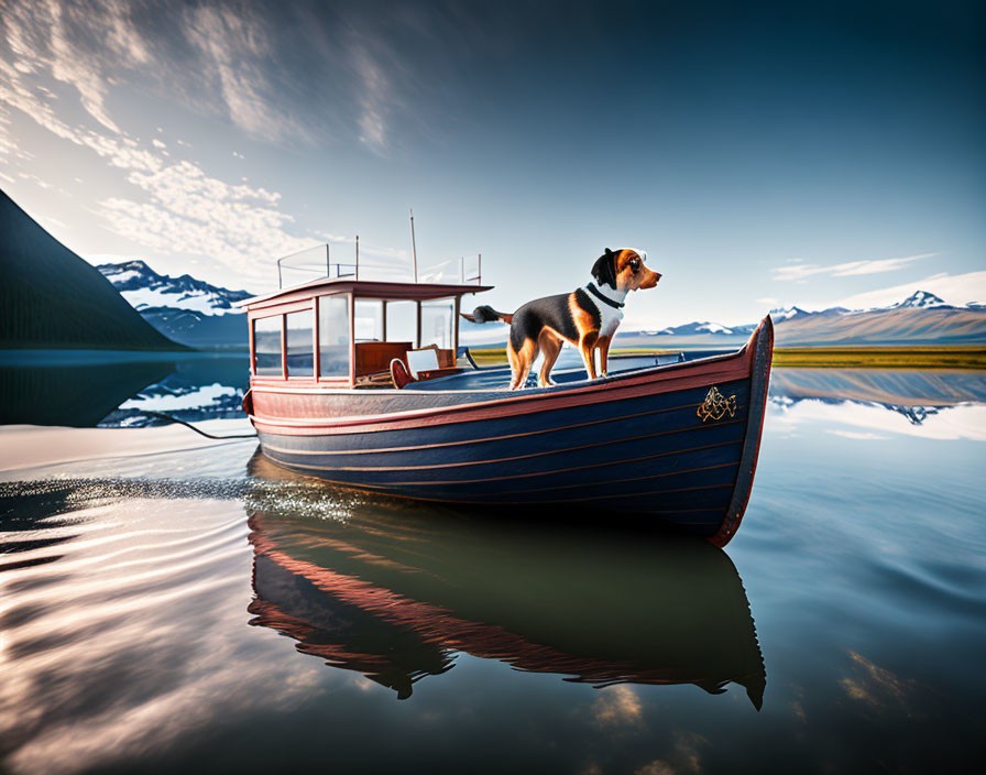 Dog on boat with mountain landscape and calm waters