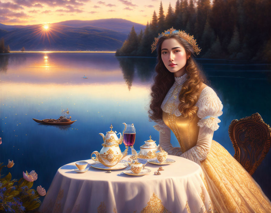 Vintage-dressed woman at lakeside table with ornate tea set at sunset