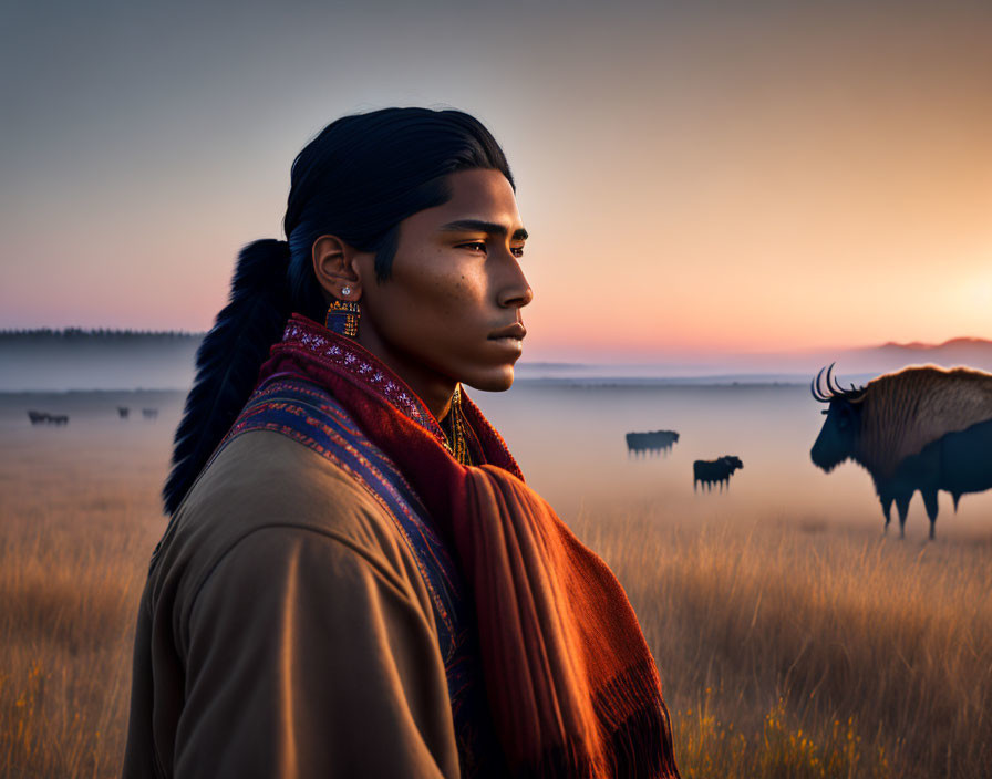 Long-haired individual in traditional attire gazes at bison on serene plain at sunset