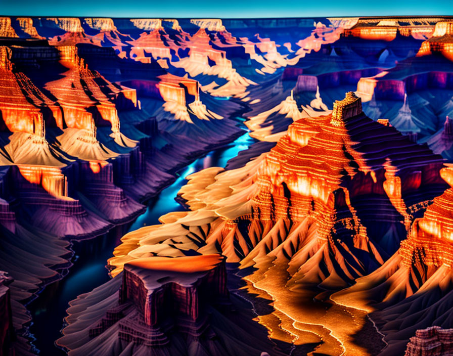 Colorful aerial view of Grand Canyon's orange and blue rock formations.